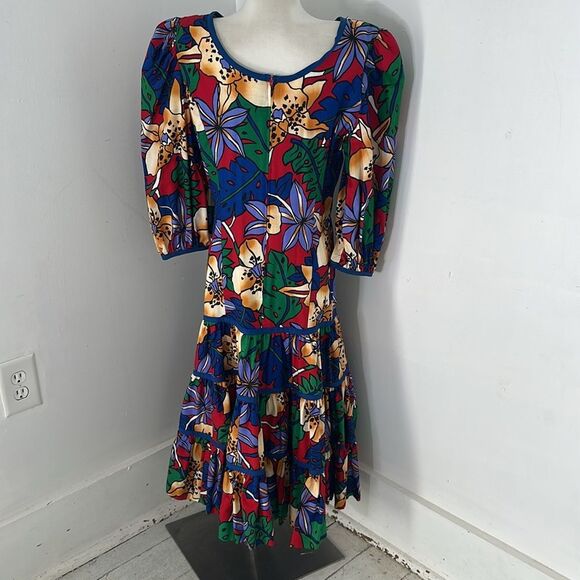 Vintage Bold Floral 80s Puff Sleeve Go Vicki Drop Waist Dress - Picture 5 of 5